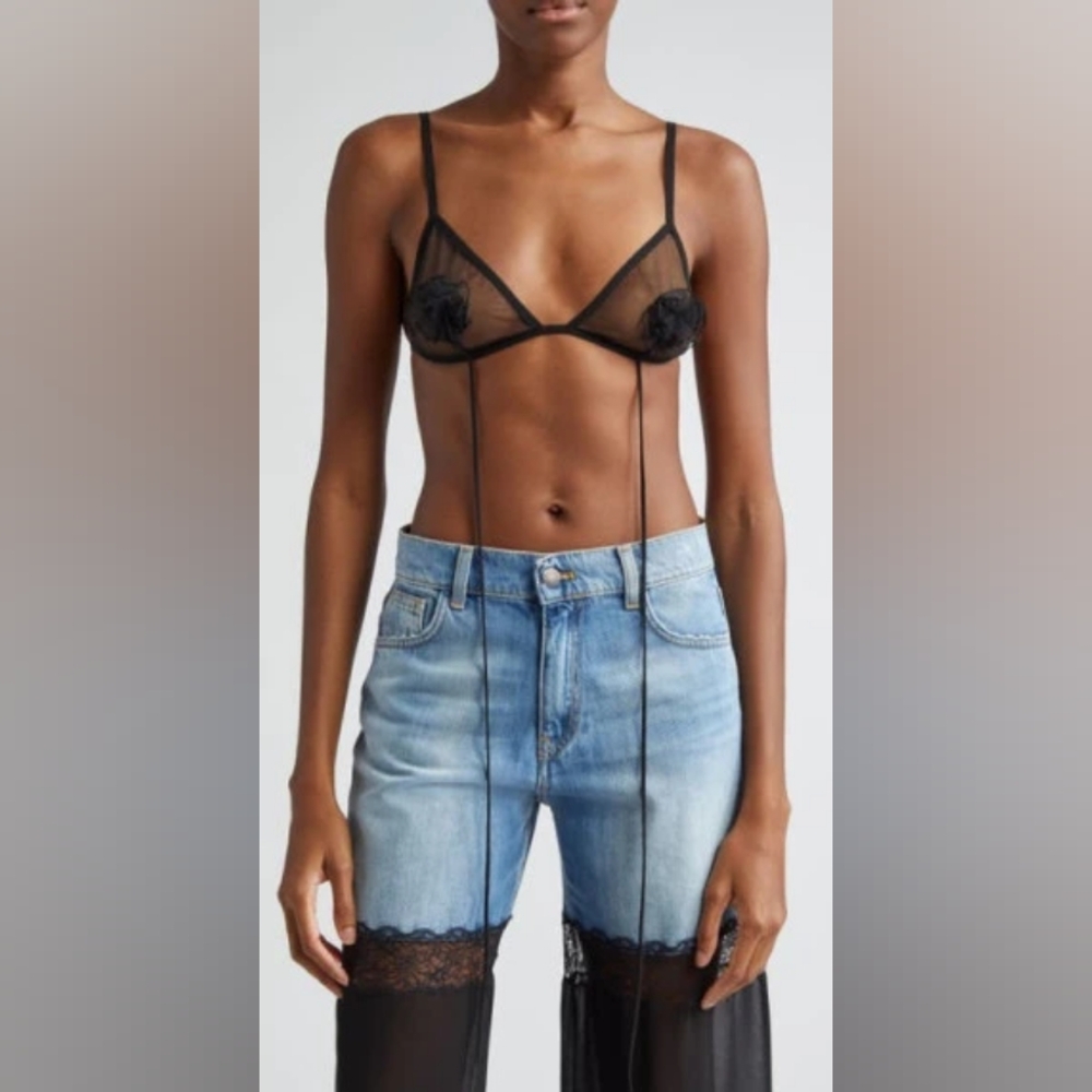 Nensi Dojaka Floral Appliqué Sheer Tulle Triangle Bra in Black at